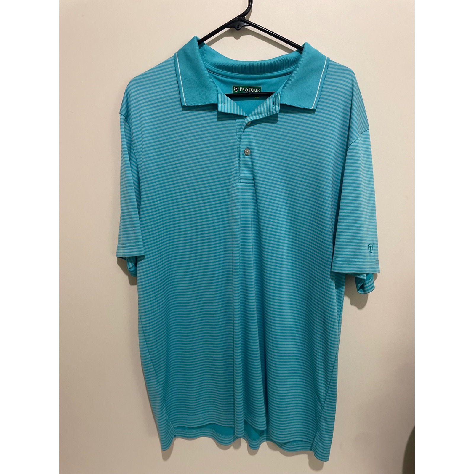 Pro Tour Coolplay Mens Xl Turquoise Blue Striped Golf Polo Shirt Short Sleeve